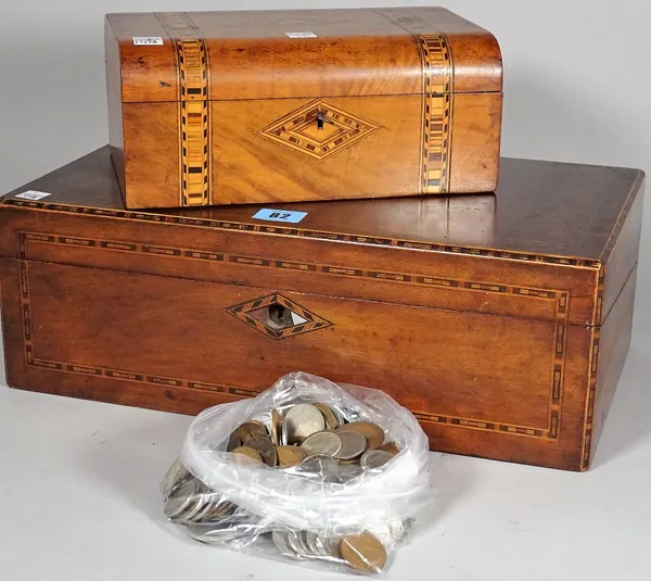 A 19th century mahogany writing slope, 40cm wide, a marquetry inlaid box, 25cm wide, together with a bag of mixed coins.  C5