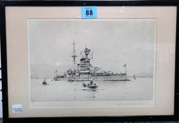 Rowland Langmaid (1897-1956), Warship, etching, signed in pencil, 16cm x 25cm. ARR  CAB