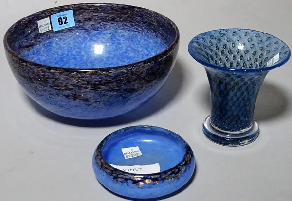 Monart; a 20th century blue glass bowl, 20cm dia, another smaller dish, 10cm dia and a similar glass vase, 10cm high, (3).  S2T