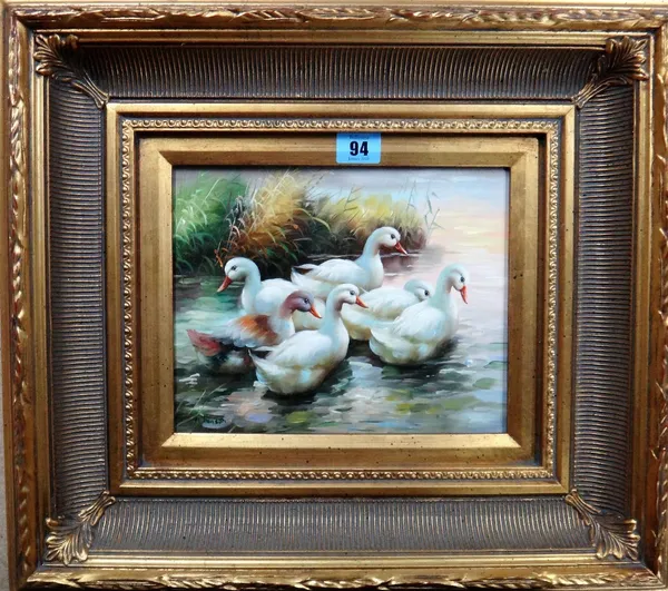 M. Hanson (20th/21st century), Ducks, oil on panel, signed, 19cm x 24cm.; together with a further oil signed Aveccio of motorcyclists, (2).  C1