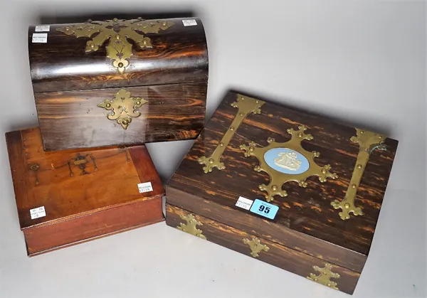 A late Victorian coromandel and brass bound rectangular jewellery box, 26cm wide x 8cm long, a domed top coromandel jewellery box, 23cm wide x 16cm hi