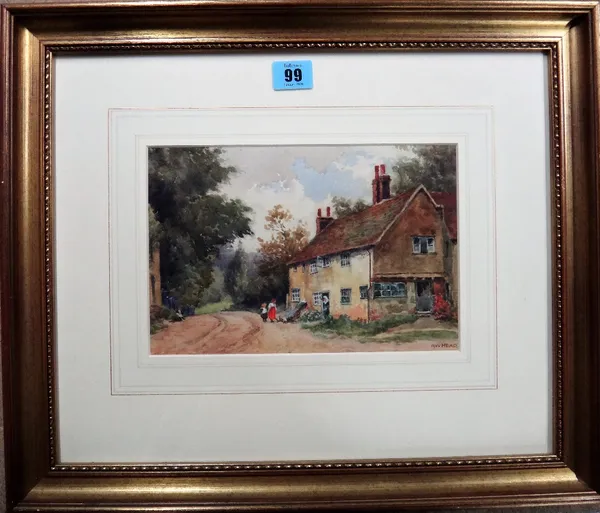 A. W. Head (early 20th century), Figures by a cottage, watercolour, signed, 16cm x 24cm.; together with two further watercolours signed Yvonne Russell