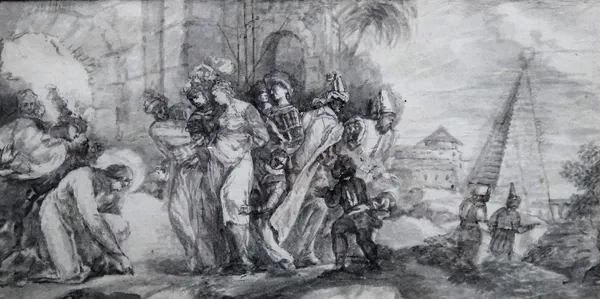 Manner of Giuseppe Bazzani, Jesus and the woman taken in adultery, monochrome watercolour, 12cm x 25cm.