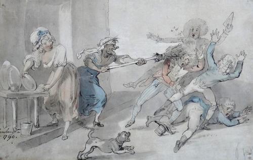 Follower of Thomas Rowlandson, 'Swept aside', pen, ink and watercolour, bears a signature and date, H. Ramberg 1790, 23cm x 36cm.
