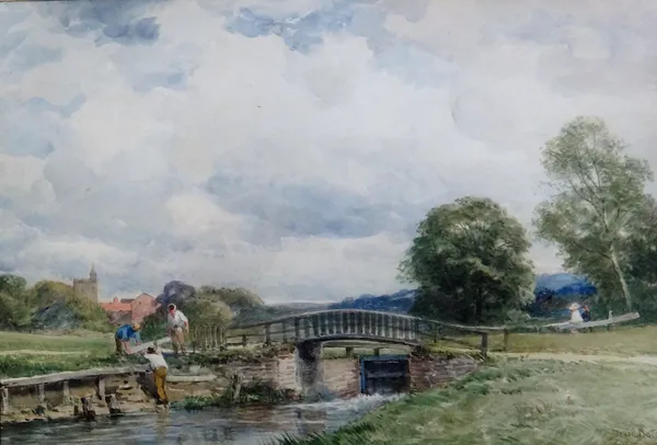 David Bates (1840 - 1921) The lock, Guildford; Clearing the mill pool, Thatcham, two watercolours, both signed, both inscribed on labels on reverse, e