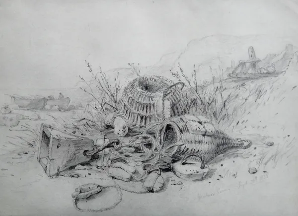 Edward William Cooke (1811-1880), Lobster pots, Ventnor Cove, pencil, inscribed and dated Sept 30th 1835, 21.5cm x 30.5cm.