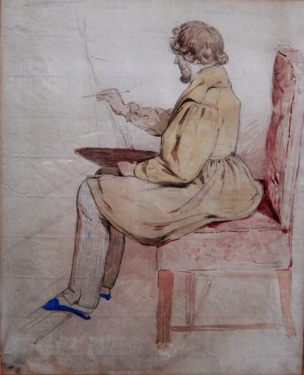 Charles Richard Bone (1809-1880), Self portrait at an easel, watercolour and pencil, signed with initials, 23.5cm x 18.5cm.