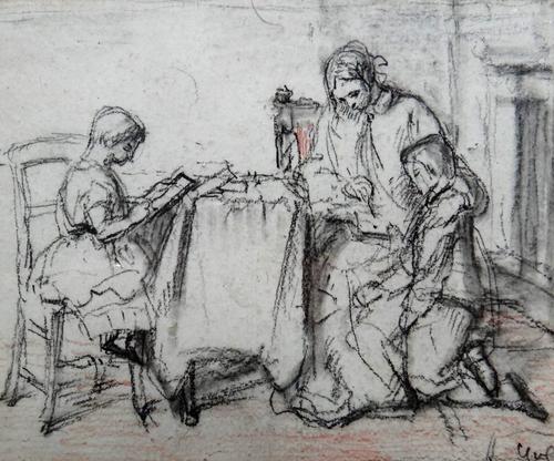 Charles West Cope (1811-1890), A mother giving lessons to her children, black and red chalk, signed with initials, 12.5cm x 14.5cm.