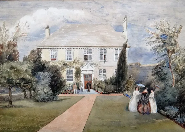 Attributed to Richard Cox Junior (19th century), Elegant figures in a garden before a country house, watercolour, 34cm x 47cm.