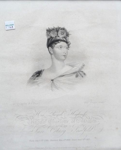 A group of eight engravings of members of the family of H.M. King George III, subjects to include Princess Charlotte of Wales; Charlotte Augusta Princ