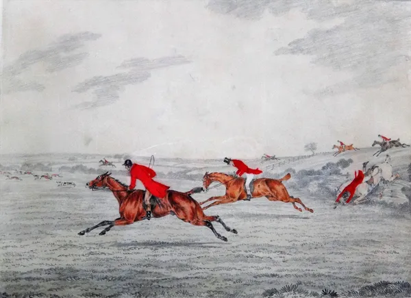 English school (19th century), Hunting scenes, a set of eight, watercolour and pencil, each 27cm x 37cm, (8).