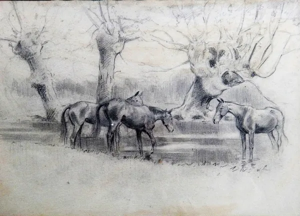 English school (20th century), Horses in a landscape; Horse, foal and groom, a pair, pencil, each 19.5cm x 27cm.