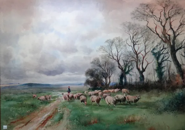 Attributed to Henry Charles Fox (1855-1929), Sheep and Shepherd, watercolour and gouache, 66cm x 93cm.