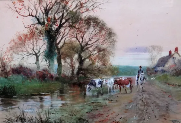 Henry Charles Fox (1855 - 1929), Cattle watering, watercolour and body colour, signed and dated '95, 36.5 x 53cm.