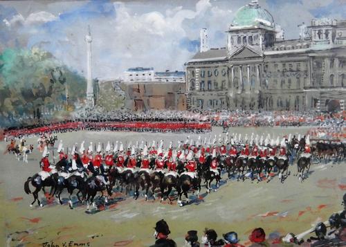 John Victor Emms (1912-? ), A military parade, gouache, signed, 25.5cm x 35cm. ARR