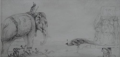 Edward Julius Detmold (1883-1957), Elephant and peacock, etching, signed in pencil, 13.5cm x 27cm.; together with a further etching of a peacock initi