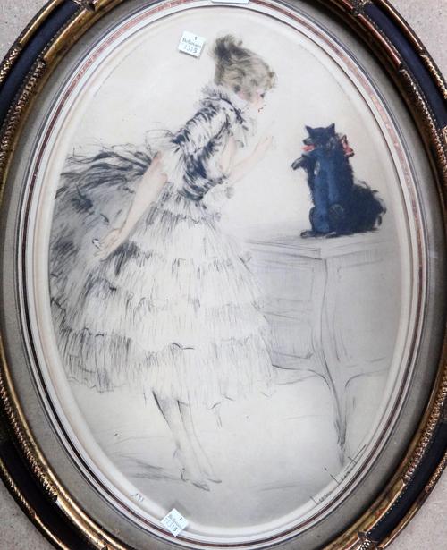 Louis Icart (1888-1950), Girl with her pet dog, colour etching, signed, oval, 44cm x 31cm.  ARR
