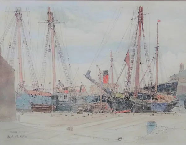 Claude Muncaster (1903-1974), Portsmouth Shipping, watercolour, signed and dated September 14th 1922, 37cm x 29.5cm. ARR
