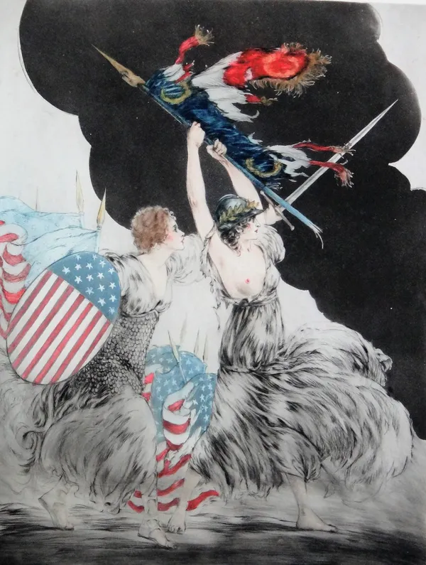 Louis Icart (1888-1950), France et Amerique, colour etching, numbered 105/150, unframed 55cm x 42cm.; together with three Don Quixote etchings, two fu