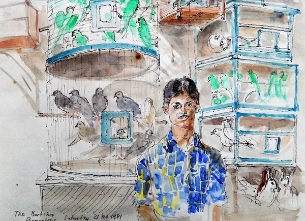 John Ward (1917-2007), The bird shop, Bangalore; Bangalore, two pen, ink and watercolour, both signed, inscribed and dated 1981, one 22.5cm x 31cm; th