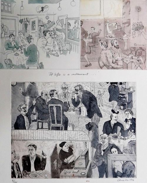 Chris Orr (b.1943), If life is a restaurant; What is a self service cafeteria?; A Department Store; Harvest Home! - The last Sheaf; Down on the farm w