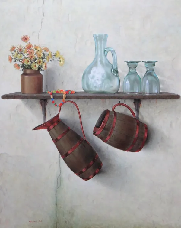 Michael Tain (b.1927), Old Kitchen Shelf, oil on canvas, signed, inscribed on stretcher, 99cm x 80cm. ARR