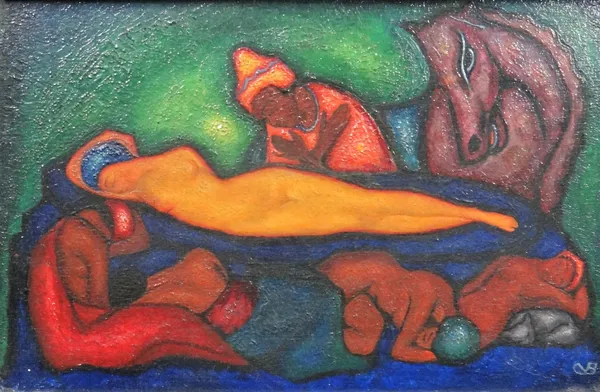 Continental School (20th century), Reclining figure with attendants and horse, oil on panel, indistinctly signed with initials, 13cm x 20cm.