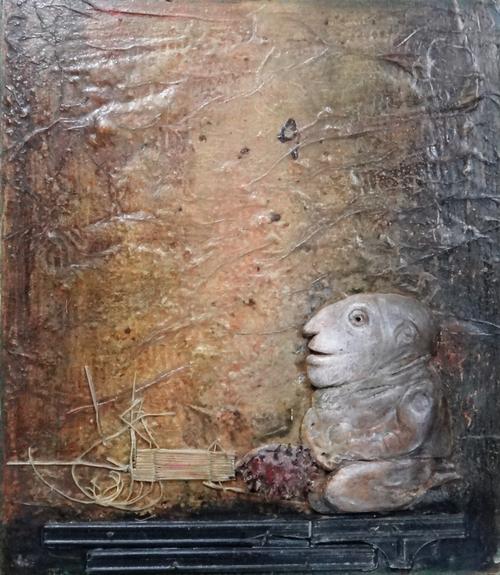 Louis Pons (b.1927), Un Peu Seul, oil, mixed media and collage on board, bears signature and date 2006 on reverse, overall size 50cm x 38cm. ARR