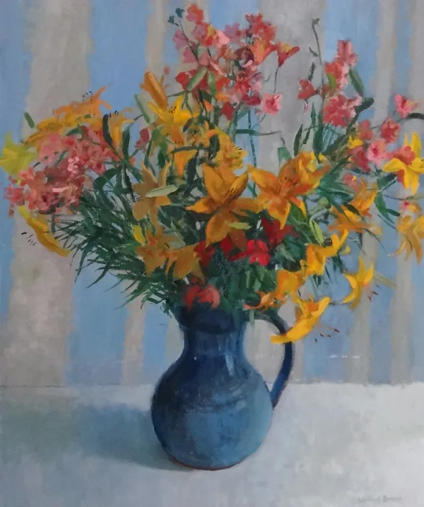 Michael Browne (20th/21st century) Lilies, oil on canvas, signed, 90cm x 75cm.Provenance: with the Mall Galleries ARR