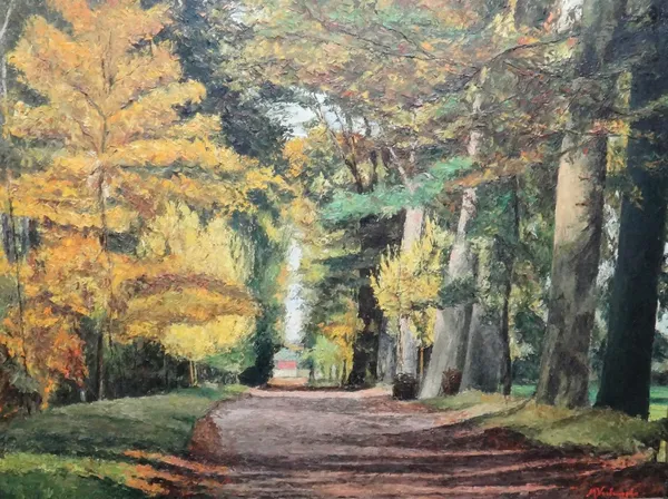 M**Verbrugghe (20th century), An autumnal woodland road, oil on canvas, signed, 57cm x 78cm.