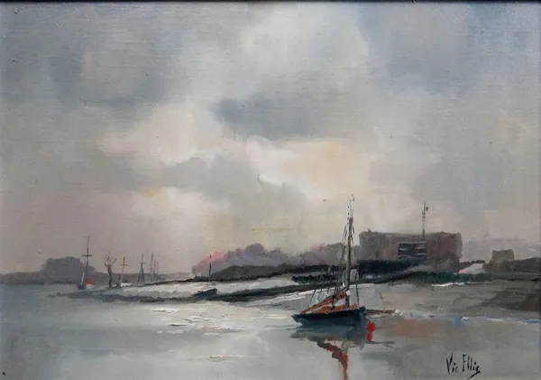 Vic Ellis (1921-1984), Boats on the shore, oil on canvas, signed, 25cm x 34cm. ARR