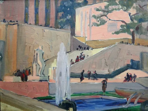 C. Hammersley (20th century), Figures near a fountain, oil on board, indistinctly signed; inscribed and dated 1937 on reverse, 25cm x 33.5cm.