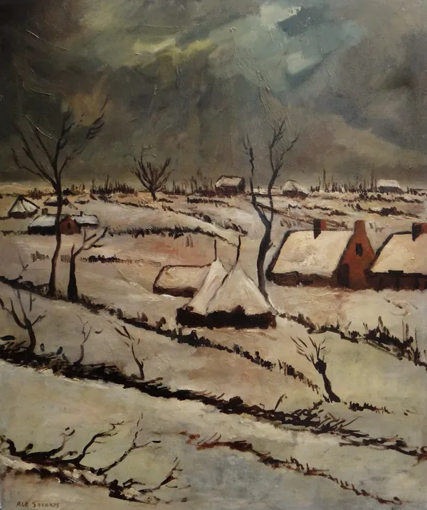 Albert Saverys (1886-1964), Winter landscape, oil on canvas, signed, unframed, 70cm x 60cm. ARR