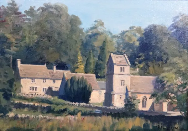 Julian Barrow (1939-2013), Bagendon, Cotswolds, oil on canvas, signed and dated '79, 24cm x 34cm. ARR