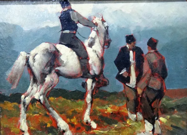 Continental School (c.1900), Figures with rider in a mountainous landscape, oil on board, 23.5cm x 31cm.