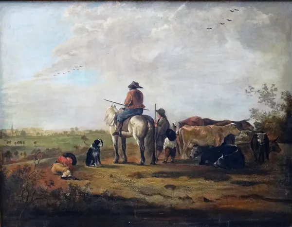 Continental school (early 20th century), Man on horseback with peasants and oxen, oil on canvas, 85cm x 110.5cm.