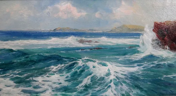 Reginald Smith (1855-1925), Breakers on the shore, oil on board, signed, 18.5cm x 35cm.