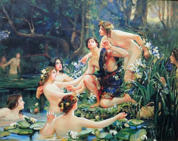 Continental School (20th century), Hylas and the Nymphs; Leda and the Swan, a pair, oil on canvas, each 33cm x 41cm.(2)