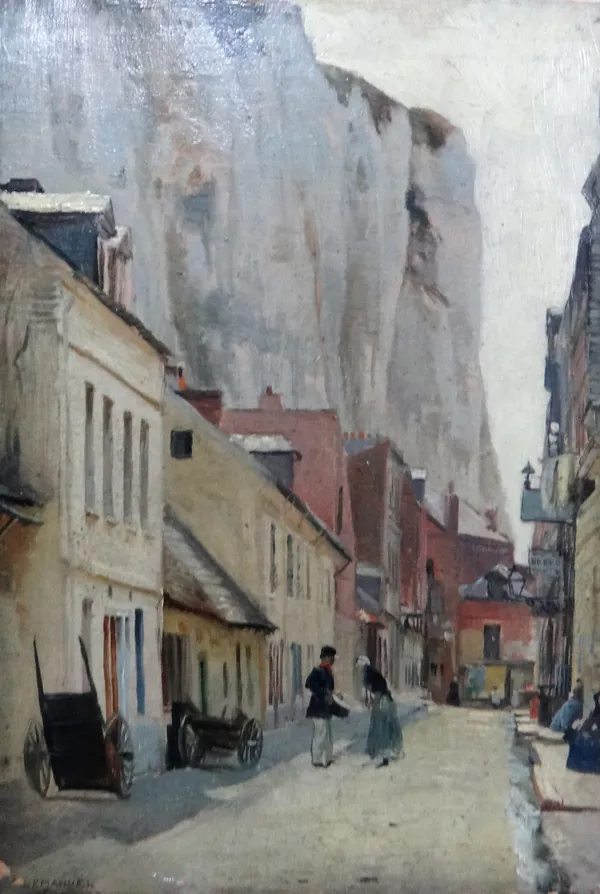 Frank Lemanuel (1865-?), Street in the White Town, Treport, oil on canvas signed; inscribed on stretcher, 33.5cm x 23cm.