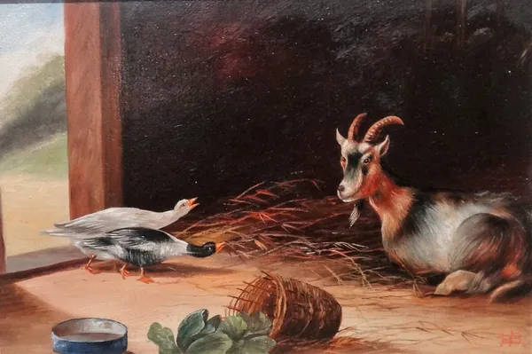 B**Bauckman (20th century), Poultry in a Barn; Goat and Ducks in a Barn, a pair, oil on board, both signed with initials, further signed and dated 191