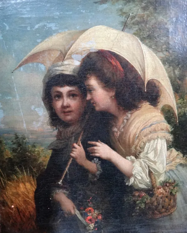 Robert Antoine Muller (c.1821-1883), Gossip under the parasol, oil on canvas, signed, 37cm x 30cm.