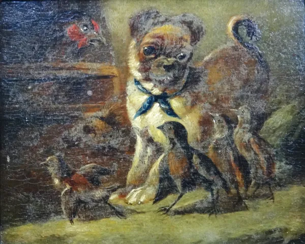 Follower of William Henry Hamilton Trood, Puppy and chicks, oil on panel, 14cm x 17cm.