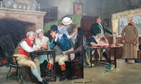 Follower of Edgar Bundy, Gossip in the ale house, oil on canvas, 39cm x 66cm.