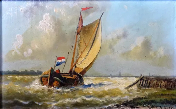 Hendrik Hulk (1842-1937), Vessels at the harbour mouth, two, oil on panel, both signed, the larger 13cm x 16.5cm, (2).