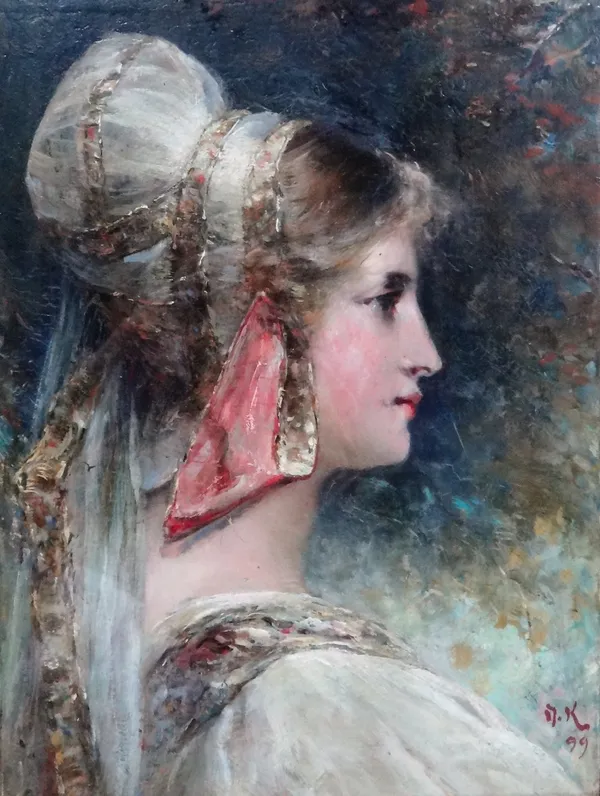 D** K** (19th century), Head study of a girl, oil on canvas, signed with initials and dated '99, 33cm x 25cm.