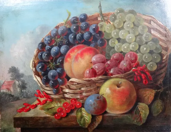 English School (19th century), Still life of a basket of fruit, oil on panel, unframed, 24.5cm x 30.5cm.