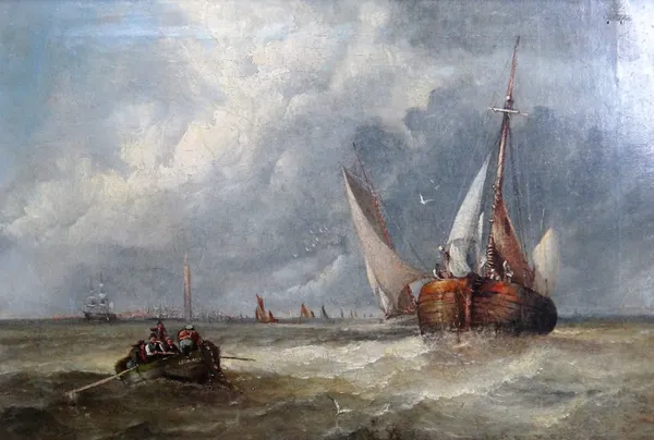 Attributed to John Edwards (1820-1888), A sailing barge and other vessels off Grimsby, oil on canvas, 26cm x 39cm.