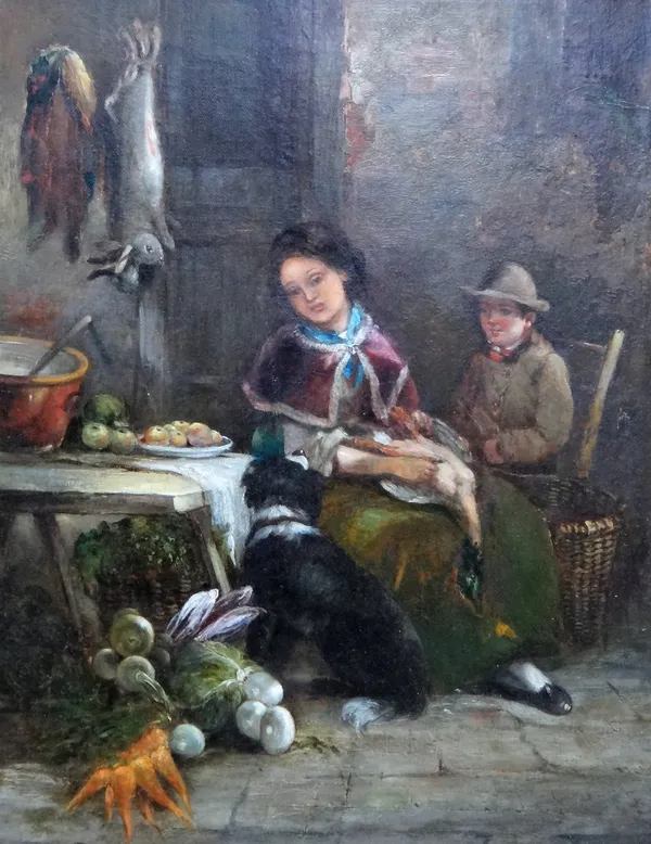 English School (19th century), Figures in a cottage interior with vegetables and game, oil on canvas, 43cm x 33cm.