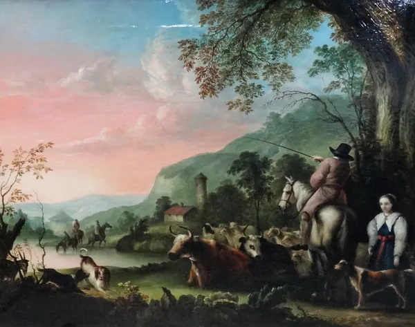 Continental School (18th/19th century), Landscape with horsemen and cattle at the edge of a lake, oil on canvas, 88cm x 112.5cm.