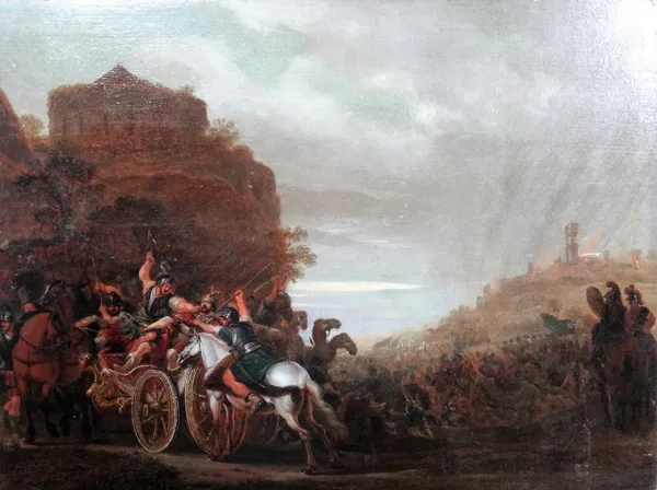 Continental School (18th century), Battle scene, oil on panel, unframed, 42cm x 55.5cm.  6722